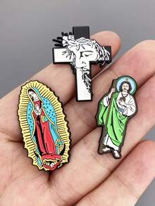 1pc/3pcs Religious Commemorative Enamel Metal Badge Set - Cross, Virgin Mary, Jesus Enamel Brooch For Clothing, Backpack, Daily Wear - Multicolor - View 2