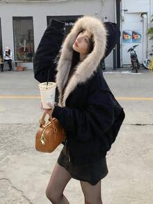 Distressed Vintage Washed Short Padded Coat With Detachable Fur Collar, Unisex Deconstructed Streetwear Style