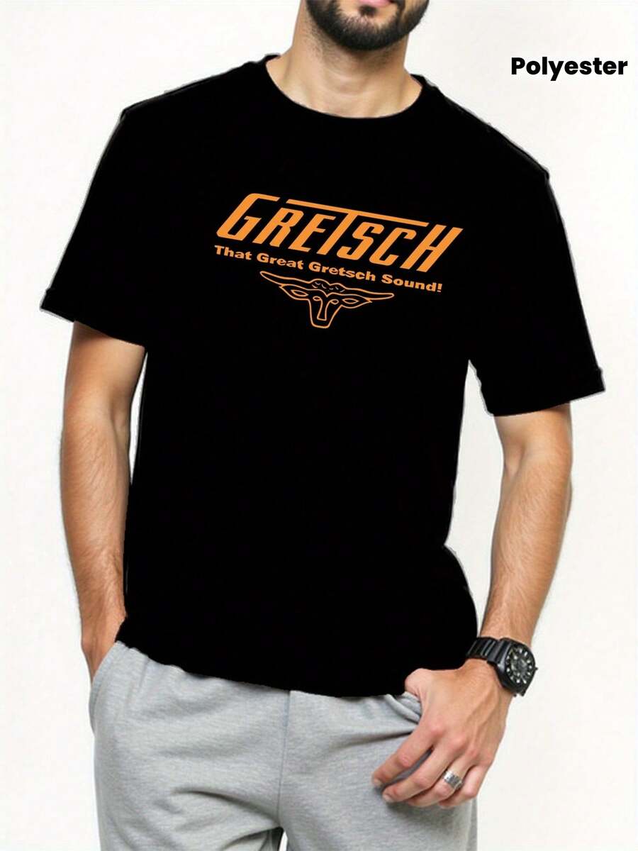 Men'S Gretsch Graphic T-Shirt - "That Great Gretsch Sound!" Design, Casual Crew Neck, Lightweight & Stretchy, Ideal For Basketball Fans & Music Lovers, Summer Tee |   Sporty Casualwear |   Comfortable Fit, Gretsch Apparel - 黑色 - 查看 1