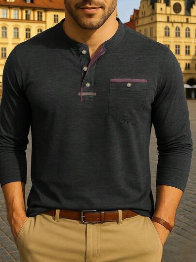 加大码男士长袖圆领T恤，时尚美式亨利衫，适合春秋季穿着