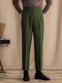 Men's Wool Tweed Herringbone Dress Pants, Vintage Slim Fit Suit Trousers, Regular Fit, Business & Formal Wear, Versatile Tailored Suit Pants For Men - 軍綠色 - 查看 3