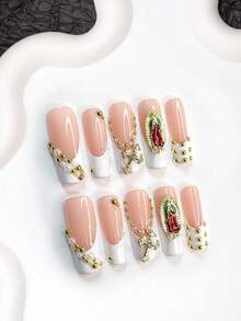 10pcs Y2K Retro Nail Stickers Set, Simple White Nail Wraps, Almond Shape, Square, Duck Mouth, Nude & White French Tips, Cross & Bead Decor, Suitable For Party, Wedding, Autumn/Winter Daily Wear, Includes Tool Kit, Great Gift For Women & Girls - 彩色 - 查看 12