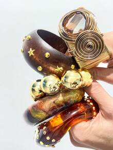 1 pieza Brazalete de estilo barroco vintage con incrustaciones de rhinestone, brazalete de madera con diseño abierto y decoración de remaches de estrella de múltiples elementos - Multicolor - Ver 8