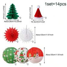 Conjunto de 14/15/6 peças - Conjunto de lanternas de papel para pendurar no Natal, com estampas natalinas em vermelho, verde e branco, lanternas em formato de pinheiro, lanternas em formato de chapéu de Papai Noel e pingentes de leque de papel. Ideais para decorar festas de Natal, jardins e casas. - Multicolorido - Ver 3