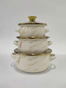 3pcs Enamel Cookware Set, Gold Rim Soup Pot With Handles, Enamel Pot Set With Lids, Enamel Soup Pot, Ramen Bowl, Household Hot Pot, Seafood Pot, Stew Pot, Transparent Glass Lid Soup Pot, Dual Handle Small Hot Pot, Large Capacity Non-Stick Pot, Suitable For Gas And Induction Cooktop - Multicolor - View 8