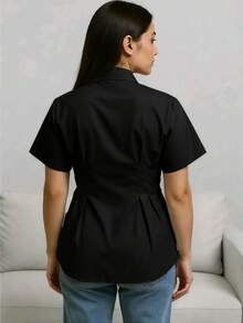 Plus Size Elegant Solid Color Short Sleeve Button Down Shirt - Casual Weekend Top, Collared, Non-Stretch Fabric, Suitable For All Seasons, Casual, Elegant Shirt, Fashionable Button Shirt - Black - View 3