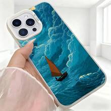 Cubierta de telefono con diseño de barco en el mar azul para iPhone 14 Pro Max protector de pantalla con estampado de nubes y oceano ideal para uso diario y viajes - Negro - Ver 5