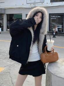 Distressed Vintage Washed Short Padded Coat With Detachable Fur Collar, Unisex Deconstructed Streetwear Style