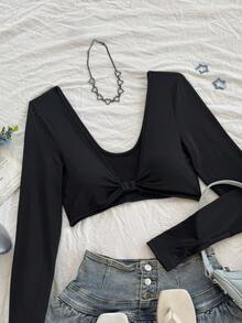 Women Minimalist Solid Color Sexy Extra Short Long Sleeve Blouse - Black - View 7