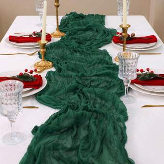 1 Pack Wrinkle-Resistant Table Runner | Olive Green - Bohemian Cheese Cloth Design Chiffon Table Runner, Tablecloth For Kitchen, Party, Dining, Suitable For Wedding, Birthday, Restaurant, Home Decor, Christmas, Halloween, Easter, Thanksgiving Table Decoration