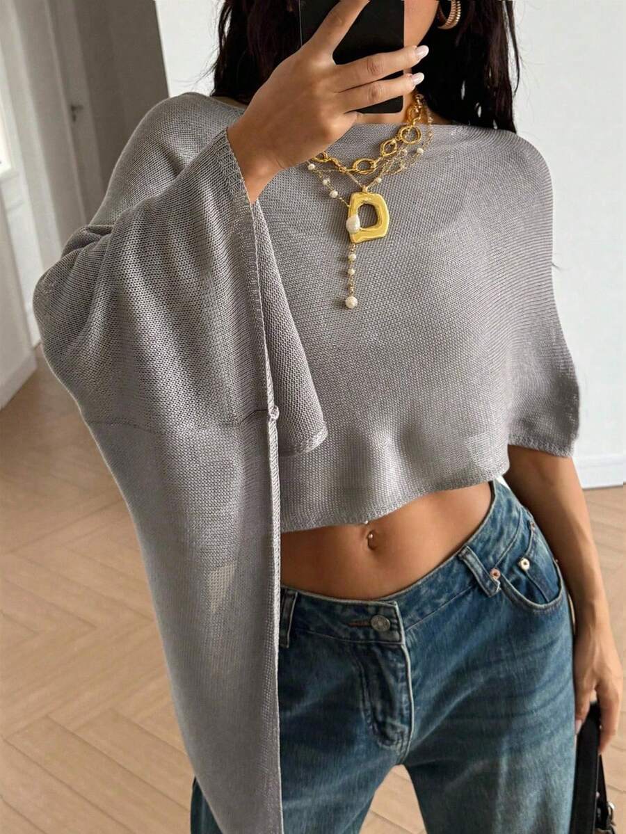 Spring Summer New Women Asymmetrical Ponchos Solid Color Y2K Shawl Batwing Sleeve Knit Crop Top Vacation Beach Lightweight Cape Sweater Sheer Pullover Summer Fall Going Out Outfits Clothes Back To School Homecoming