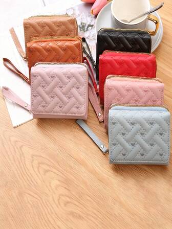 This New Korean-Style Fashionable Heart-Shaped Embroidered Short Zipper Wallet/Clutch Is A Simple Solid Color Coin Purse/Card Holder. Available In Multiple Colors, This Diamond-Patterned Heart-Embroidered Short Wallet Is Compact Yet Spacious. The Zipper Design Ensures Safety And Convenience, Making It A Stylish Little Helper For Storing Your Coins And Cards,Birthday Gift,Valentine's Day Gifts,Christmas Gifts,Birthday Gift.