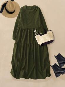 Corduroy Loose Long Sleeve Collared Dress, Winter Dress, Elegant Dresses For Women - Army Green - View 10