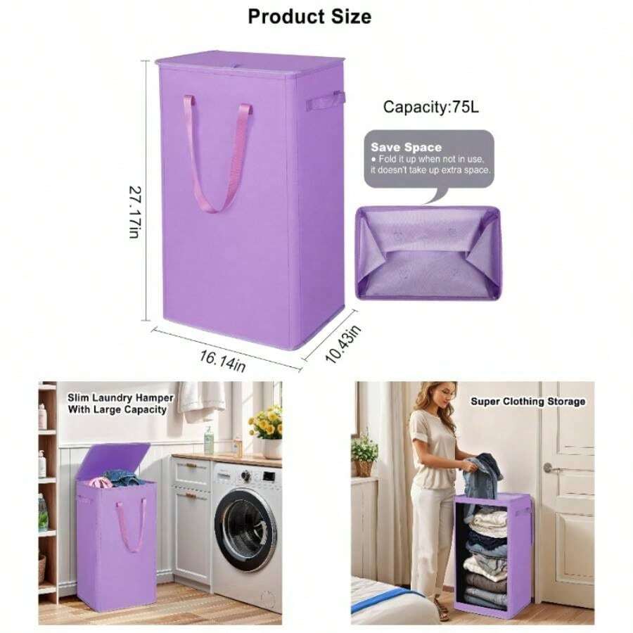 75L Slim Laundry Hamper With Lid, Large Foldable Laundry Basket With Removable Bag And Handles Tall Collapsible Dirty Clothes Basket Great Bedroom, Bathroom, Dorm, College, RV. Purple, 75L - 75升+紫色 - 查看 1