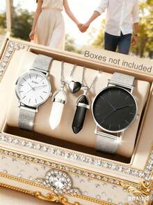 1 Set de Relojes de Pareja, Relojes de Cuarzo de Moda para Pareja y Collares con Colgante en Forma de Corazón Magnético, Perfectos para Uso Diario, Regalos de Cumpleaños, Fiestas, Reuniones Festivas y Como Regalo Ideal para Ti o Tus Amigos. Cajas no Incluidas