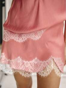 Women Half Slips Eyelash Lace Trim Satin Silk Bodycon Short Mini Skirts High Waist Patchwork Slim Fitted Underskirts Underwear Lingerie Dress - 珊瑚粉 - 查看 2
