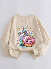 少女休闲卡通甜甜圈可爱脸少女风格笑脸图案圆领长袖黑色毛衣套头衫秋冬款女童 - 杏色 - 查看 2
