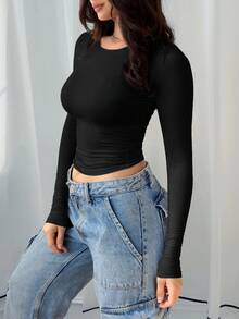 Elegant Versatile Women's Solid Color Round Neck Long Sleeve Ruched Fitted T-Shirt, Suitable For Summer And Autumn/Winter Seasons Casual Black Spring - Black - View 5