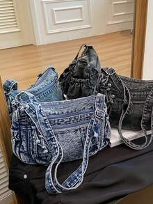 Retro Washed Denim Bag, Simple, Casual, Large Capacity, Shoulder Bag, Relaxed Feel, Crossbody Bag For Women. - 淺藍色 - 查看 2