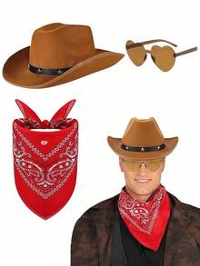 1 Set (Including Hat + Glasses + Scarf) Unisex Cowboy Hat, Suitable For Costume Parties, Includes Cowboy Hat With Buckle, Felt Hat, Funny Party Hat, Cowboy Accessories, 3 Bandanas, Suitable For Adult Cowboy/Western Costume Parties