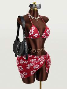 Zestiva Floral Print Halter Neck Bikini Set With Tie Front Skirt For Summer Beach Vacation