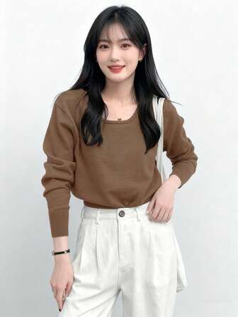 단색 드롭 숄더 크롭 크루 넥 캐주얼 긴소매 풀오버 스웨터