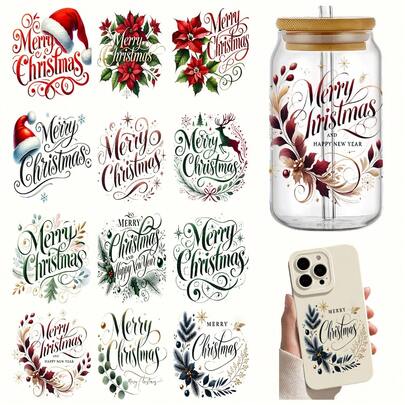 4pcs Elegant Merry Christmas & Happy New Year DIY Transfers - UV DTF Self-Adhesive Labels With Red, Green, Golden, - For Glass, Metal, Wood, Plastic - Perfect For Jars, Gifts, Wreaths, Ornaments - Holiday Decoration Supplies By Seasonal Home Decor, Festive Lettering, Longlasting Adhesive, Decorative Stickers, Home Decorators