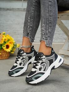 Women's Color - Block Chunky Sneakers, Mesh - Breathable, Retro Dad - Shoe Style, Comfortable For Running And Casual Sports .Soft Leather Thick-Soled Height-Enhancing Sneakers, Women's Breathable Mesh 2025 Spring, Summer And Autumn New Casual Running Shoes, Music Festival Millennial Style Back To School Must-Have - 黑色升級版 - 查看 5