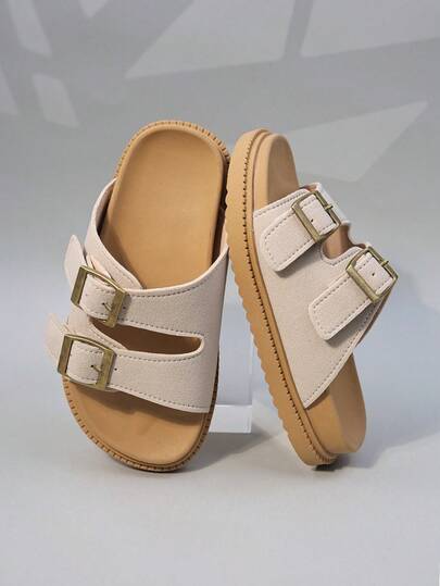 1 Pair Girls' Slip-On Sandals, Metal Buckle Double Strap Design, Faux Suede Material, Comfortable Easy To Wear, Open Toe Low-Top, Backless Design, Flat Style, Retro Casual Vibe Slippers, Suitable For Summer Outdoor Play And Daily Street Wear