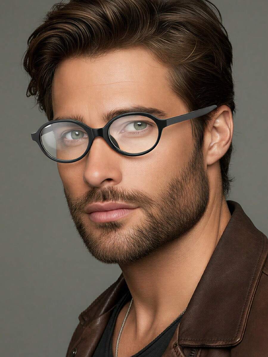 1 Cặp kính gọng đen hình oval dành cho nam, kiểu dáng cổ điển, màu trơn, gọng nhỏ, cá tính, đơn giản, thời trang. - màu đen - Xem 1