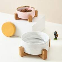 Pet Bowl, Cat Bowl And Dog Bowl, Ceramic Cat Neck Bowl With Wooden Frame To Prevent Splashing, Drinking Bowl With Marble Pattern And Gold Rim - Multicolor - View 7
