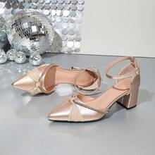 Tacchi alti con punta affusolata e tacco largo, scarpe con design a fiocco in rete color oro champagne con strass, versatili per feste e appuntamenti, con design traforato - Champagne - Visualizzare 9