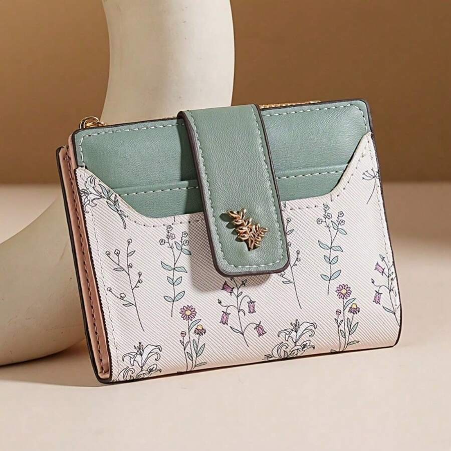 1 pieza Cartera floral elegante para niñas - Portador de tarjetas compacto con monedero con cremallera, accesorio versátil para primavera y verano en verde/rosa/azul/negro/beige, monedero lindo para mujer, billetera mini, billetera pequeña, billetera linda, bolsos para mujer, billetera para damas - Multicolor - Ver 1