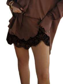 Women Half Slips Eyelash Lace Trim Satin Silk Bodycon Short Mini Skirts High Waist Patchwork Slim Fitted Underskirts Underwear Lingerie Dress - 咖啡棕 - 查看 8
