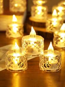 2/3/5/12/24个亚克力水晶图案LED电子蜡烛灯（含电池），玫瑰图案投影茶蜡烛灯，无焰蜡烛灯，适用于婚礼、情人节、节日、家居装饰、圣诞餐桌装饰 - 黃光 - 查看 3