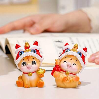 2件套2026新年装饰品，吉祥舞狮摆件，卡通雕塑工艺品，适用于厨房、家居、办公室、咖啡厅、房间、玄关，新年装饰及节日礼物