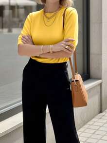 Blusas de punto de manga corta para mujer, simples, de moda y casuales para uso diario - Amarillo - Ver 3