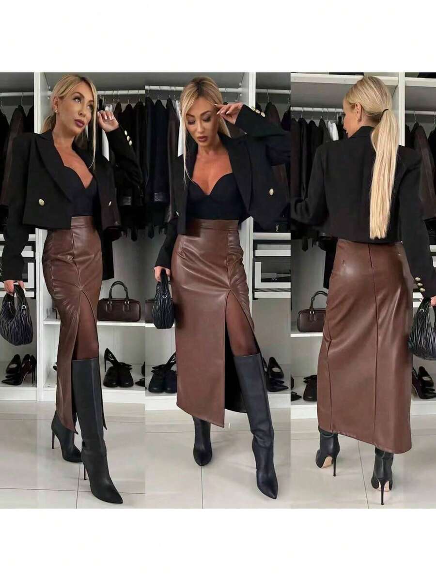 Women's Elegant High Waist Split Hem Solid Color Skirt, Suitable For Party In Autumn Spring - Coffee Brown - View 1