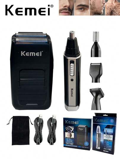 Kemei 电动USB充电式剃须刀KM-1102，往复式剃须刀，男士日常使用，面部鼻毛修剪器，眉毛、鬓角修剪器，胸毛修剪器KM-6630，男士日常个人护理套装，圣诞新年理发剃须套装