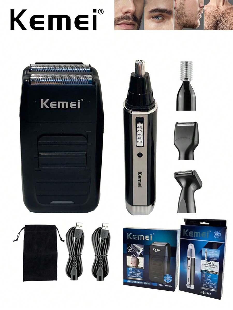 Kemei 电动USB充电式剃须刀KM-1102，往复式剃须刀，男士日常使用，面部鼻毛修剪器，眉毛、鬓角修剪器，胸毛修剪器KM-6630，男士日常个人护理套装，圣诞新年理发剃须套装