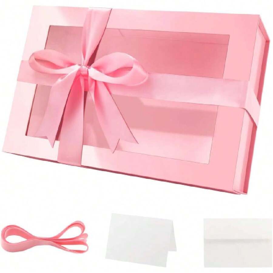 Large Pink Gift Box With Window, 13.5x9x4.1 Inches Clear Mothers Day Gift Box For Present Contains Ribbon, Card, Bridesmaid Proposal Box Witagnetic Lid (Glossy Pink),30187497 - Pink - View 1