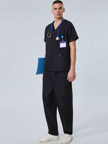 cimmuovere Men's V-Neck Short Sleeve Multi-Pocket Top And Solid Scrubs Pants, Nurse Scrubs Workwear For Dentist, Healthcare, Pet Hospital, Laboratory - Black - View 7