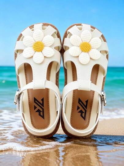 2025 Nuevas llegadas de verano 1 par para niñas de 3-12 años, sandalias blancas con centro amarillo en forma de margarita 3D, de piel de PU antideslizante y transpirable, con cierre de gancho y bucle, suela plana, frescas y lindas sandalias para playa, uso diario y viajes al aire libre, best seller