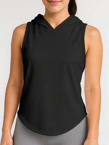 Plain Sleeveless Hoodie Sports Tank Top For Women, Suitable For Gym, Running, Workout And Lounging - Black - View 3