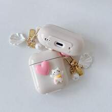 1个可爱卡通猫咪爱心防震耳机套 + 仿珍珠贝壳吊坠蓝牙耳机套，兼容苹果第一代/第二代/第三代/Pro/Pro 第二代，创意设计，适用于新款 Pro 3 - 米色 - 查看 6