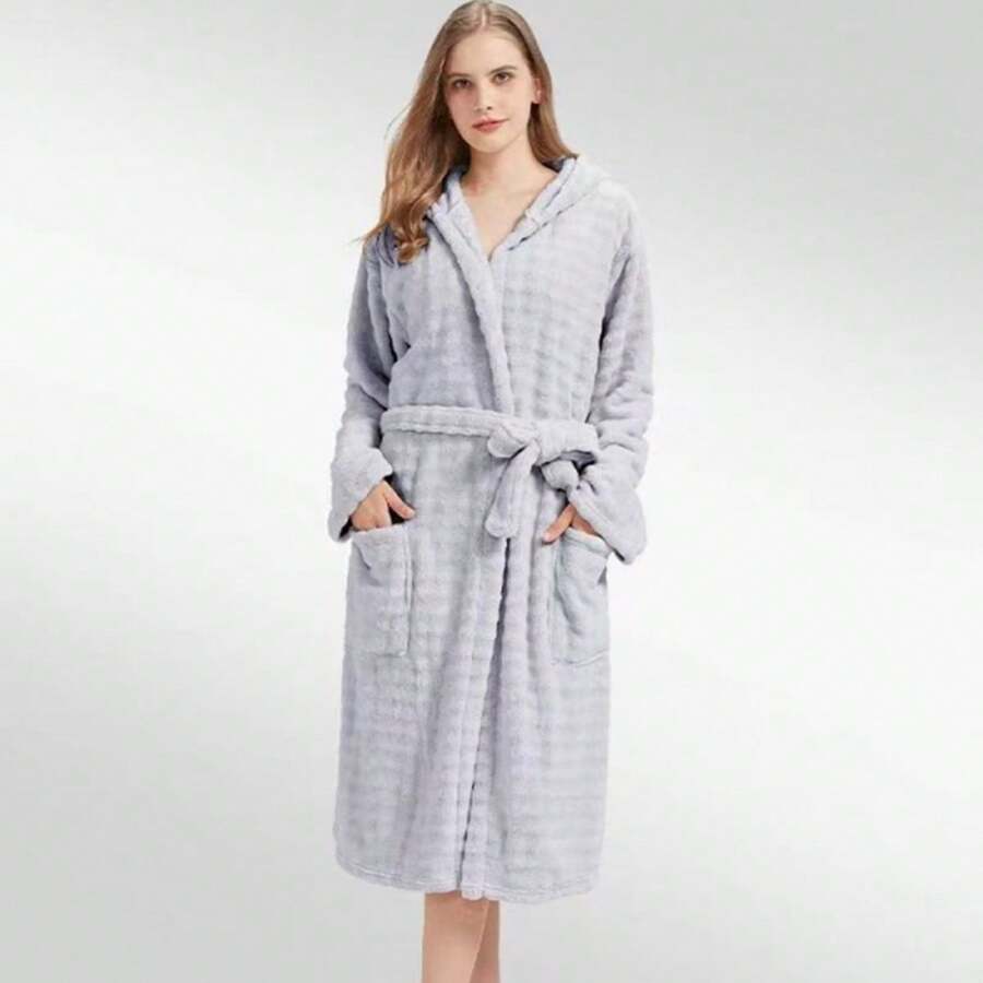 1pc Solid Color Hooded Bathrobe, Women Long Robe, Soft Absorbent Loungewear For Bathroom, Pool, Shower, All Season, Premium Gift