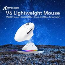 Attack Shark V6 无线游戏鼠标，3 种模式，博通 BK52820 芯片，PixArt PAW3311 传感器，25K DPI 精准度，65g 超轻设计，含 RGB 磁吸充电底座 - 白色 - 查看 3