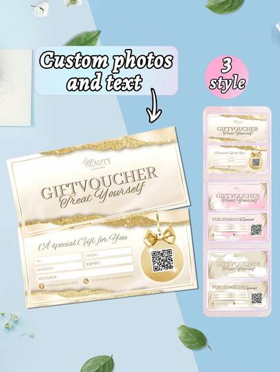 1pc Custom Luxury Gold & Beige Beauty Gift Voucher, Editable Double-Sided Salon Gift Certificate, Christmas Canva Template, Printable Beauty Voucher,Custom Photo,Text Message And QR Code Luxury Gift Voucher,Personalized Gifts,Customized Christmas Gifts,Christmas