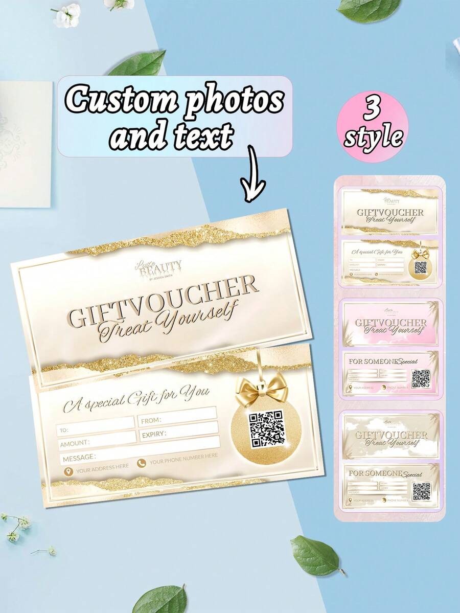 1pc Custom Luxury Gold & Beige Beauty Gift Voucher, Editable Double-Sided Salon Gift Certificate, Christmas Canva Template, Printable Beauty Voucher,Custom Photo,Text Message And QR Code Luxury Gift Voucher,Personalized Gifts,Customized Christmas Gifts,Christmas - Multicolor - View 1