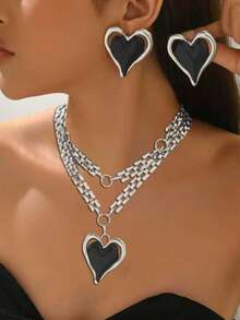 Bộ 3 dây chuyền kim loại + hoa tai phong cách Âu Mỹ, dây chuyền mặt trái tim phối màu thời trang với thiết kế dây xích hai lớp, hoa tai hình trái tim phóng đại, quà tặng cao cấp cho tiệc tùng và lễ hội - có màu bạc - Xem 2